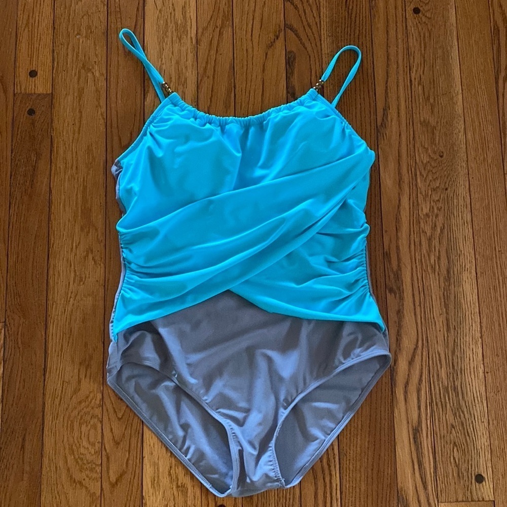 Sea green and grey cross cross ruched high neck one piece swimsuit